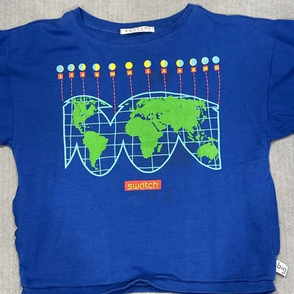 vintage 80's swatch watch sweatshirt blue pocket M (21" Pit To Pit) Graphic USA - Picture 5 of 14